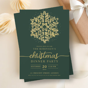 Modern Gold Winter Snowflake Christmas Green Invitation