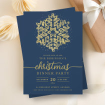Modern Gold Winter Snowflake Christmas Navy  Invitation