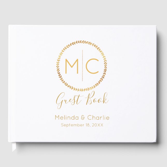 Modern Gold Wreath Wedding Monogram Guestbook (Front)