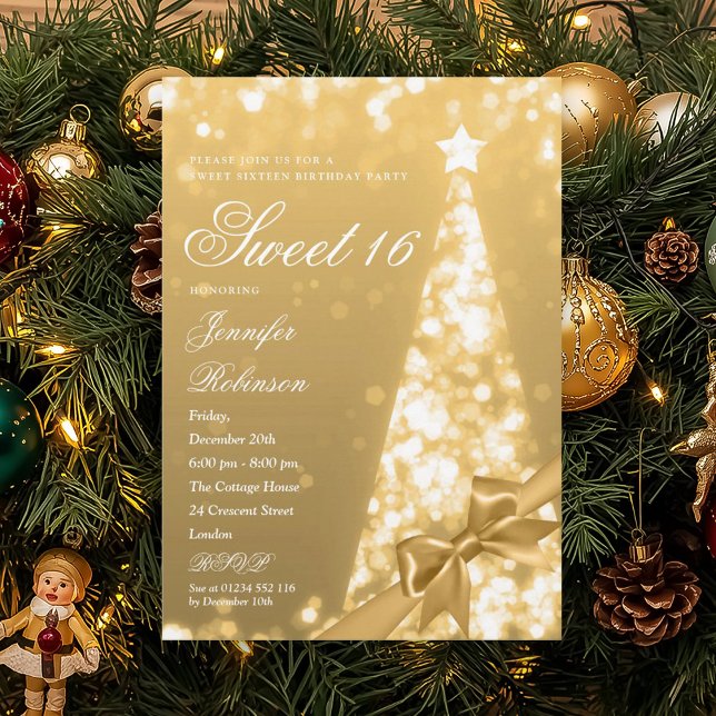 Modern Gold Xmas Tree Bow Sweet 16 Birthday Party Invitation (Modern Gold Xmas Tree Bow Sweet 16 Birthday Party Invitation)