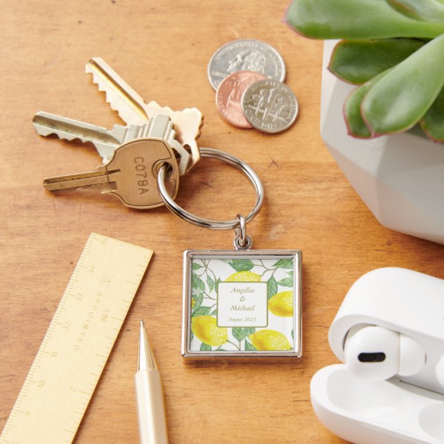 Modern Gold Yellow Lemons Green Leaves Wedding Key Keychain (Desk)