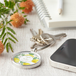 Modern Gold Yellow Lemons Green Leaves Wedding Key Keychain