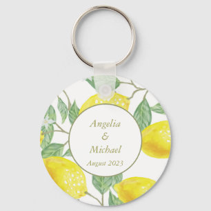 Modern Gold Yellow Lemons Green Leaves Wedding Keychain