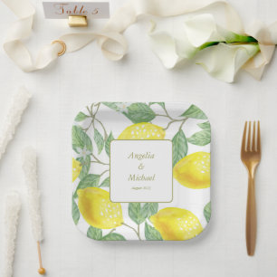 Modern Gold Yellow Lemons Green Leaves Wedding Paper Plates
