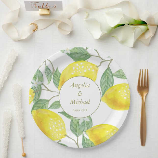Modern Gold Yellow Lemons Green Leaves Wedding Paper Plates (Wedding)