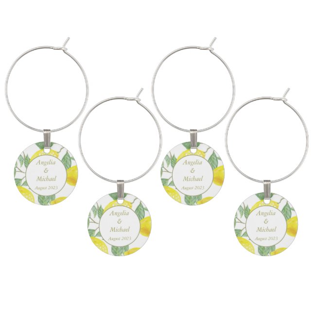 Modern Gold Yellow Lemons Green Leaves Wedding Wine Charm (Staggered)
