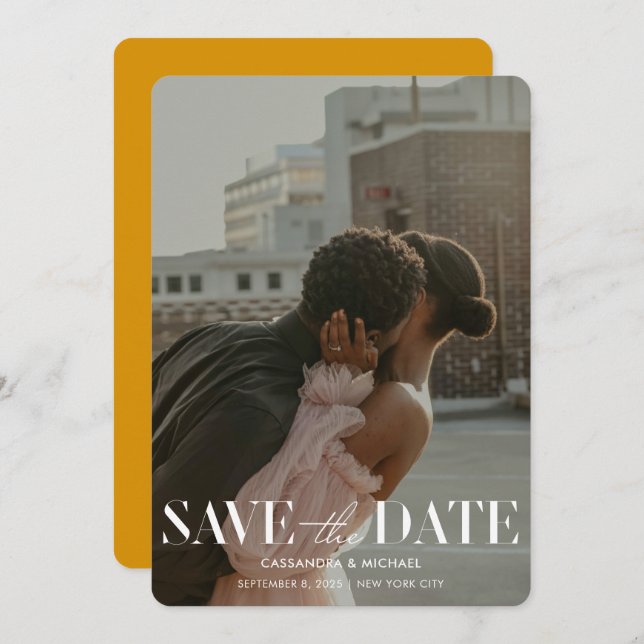 Modern Gold Yellow Photo Wedding Save Date Invitation (Front/Back)