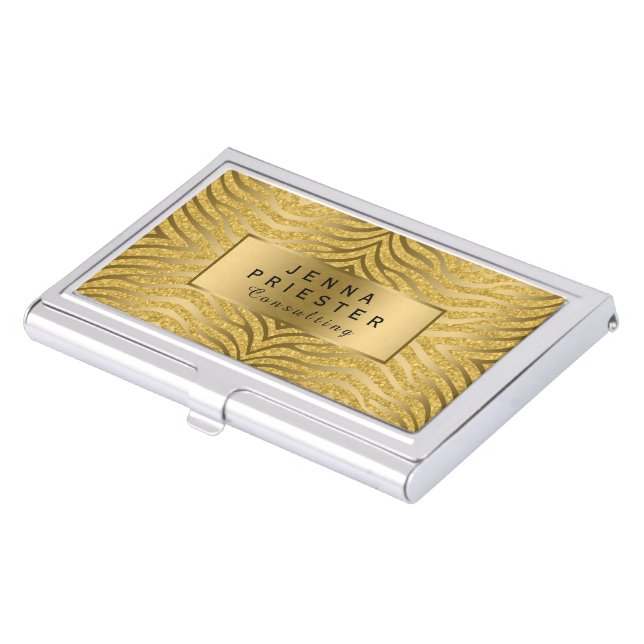 Modern Gold Zebra Stripes & Glitter Pattern Case For Business Cards (Front)