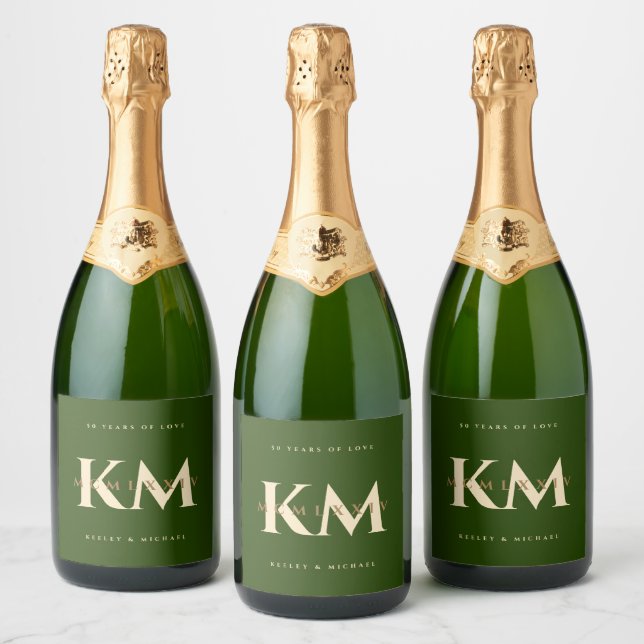 Modern Golden 50th Wedding Anniversary Roman Green Sparkling Wine Label (Bottles)