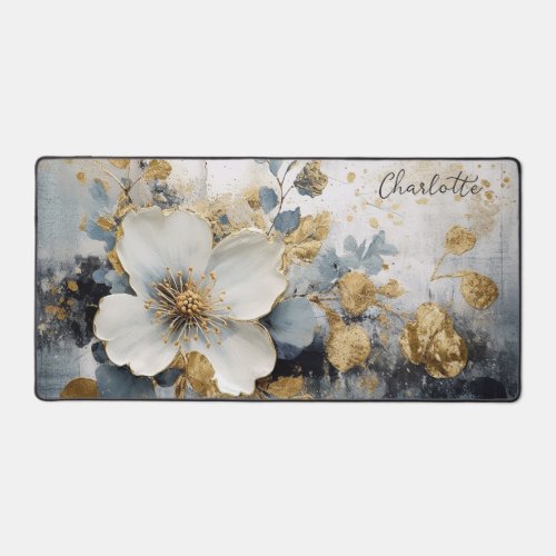 Modern Golden Abstract Floral Personalized Name Desk Mat