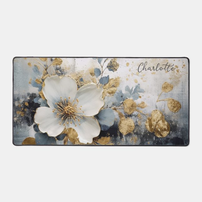 Modern Golden Abstract Floral Personalized Name Desk Mat (Front)