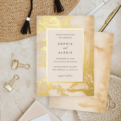 Modern Golden Abstract Watercolor Wedding Foil Invitation