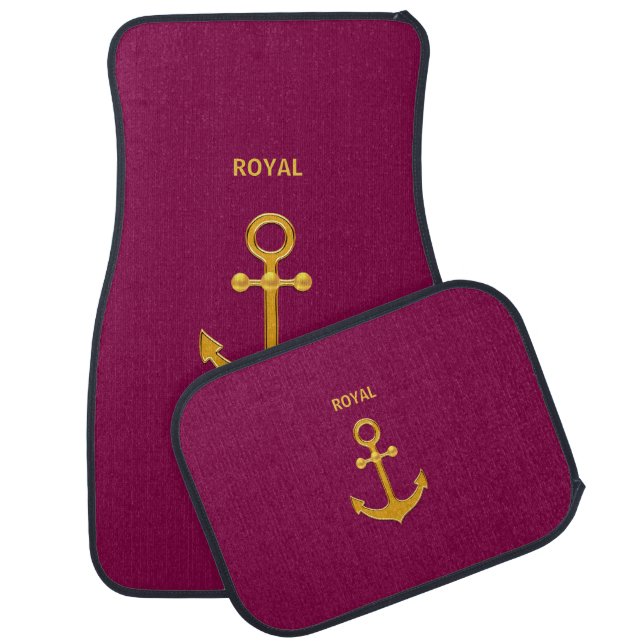 Modern Golden Anchor on Burgundy Car Floor Mat (Set)