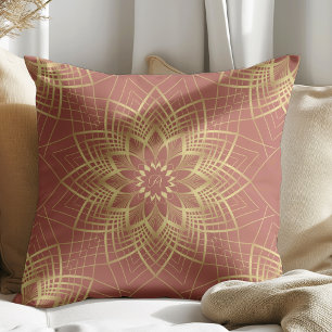 Modern Golden and Terracotta Mandala Pattern Throw Pillow