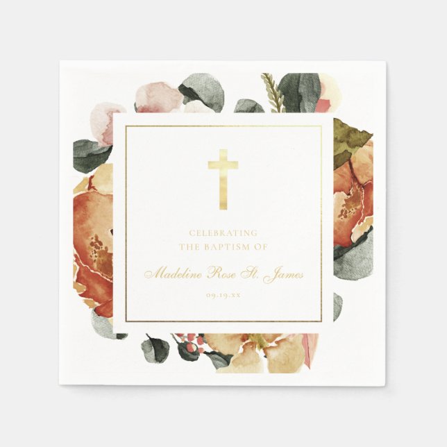 Modern Golden Autumn Baptism Christening Napkins (Front)