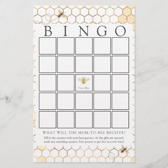 Modern Golden Bee Baby Bingo Game Card (Front)