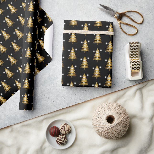 Modern Golden Black Christmas Tree  Wrapping Paper (Crafts)