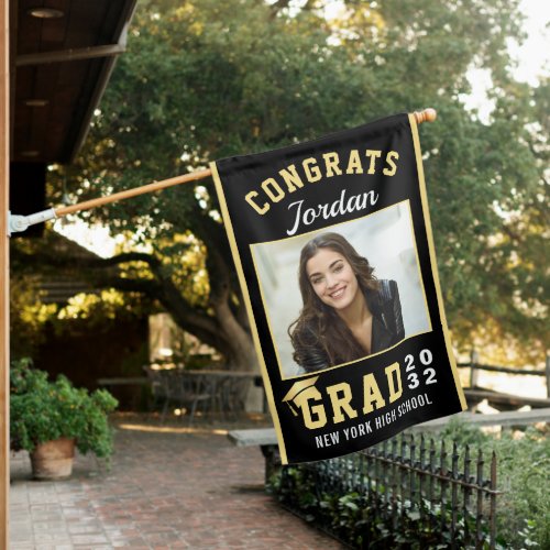 Modern Golden Black Graduation Class of 2024 PHOTO House Flag