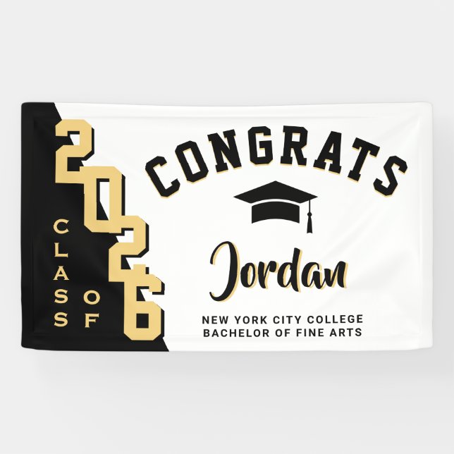Modern Golden Black Graduation Class of 2026 Party Banner (Horizontal)