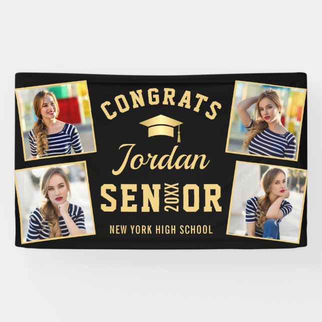 Modern Golden Black Graduation Class of 2026 PHOTO Banner (Horizontal)