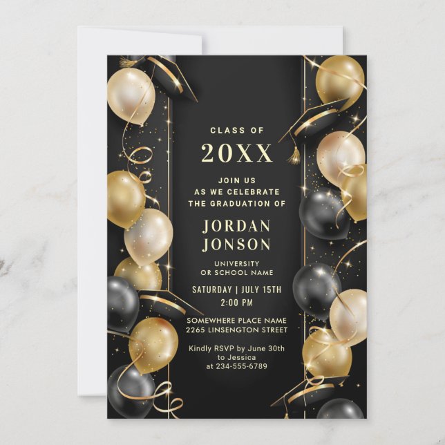 Modern Golden Black Graduation Hat Cap Party Invitation (Front)