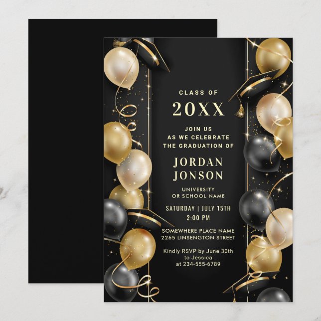 Modern Golden Black Graduation Hat Cap Party Invitation (Front/Back)