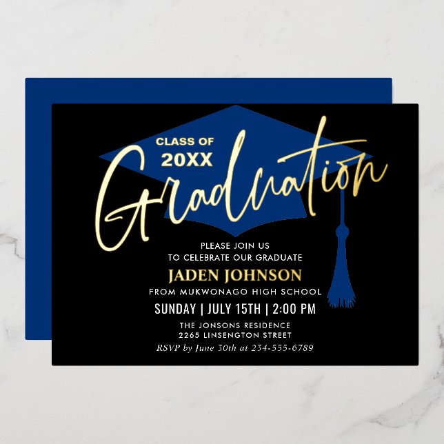 Modern Golden Black Graduation Party Foil Invitation (Front/Back)