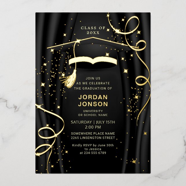 Modern Golden Black Graduation Party Gold Foil Invitation (Front)