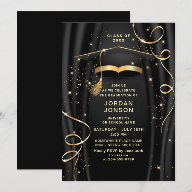 Modern Golden Black Graduation Party Invitation (Front/Back)
