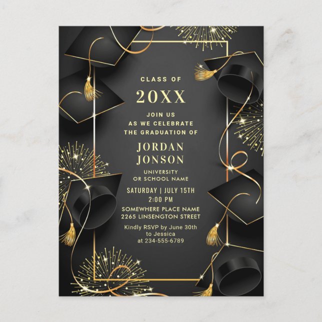 Modern Golden Black Graduation Party Invitation Postcard (Front)