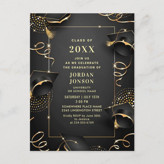 Modern Golden Black Graduation Party Invitation Postcard (Front)