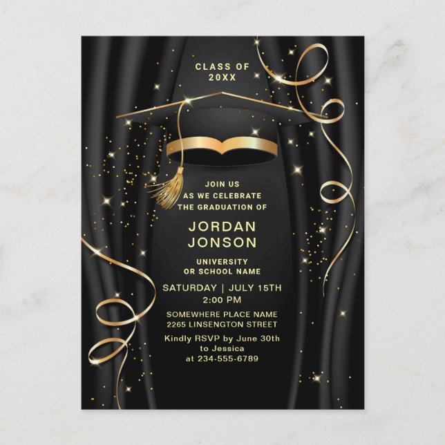 Modern Golden Black Graduation Party Invitation Postcard (Front)