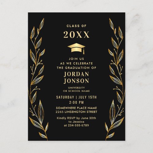 Modern Golden Black Graduation Party Invitation QR Postcard