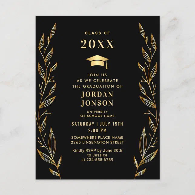 Modern Golden Black Graduation Party Invitation QR Postcard | Zazzle