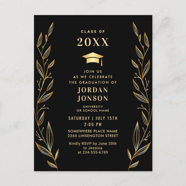 Modern Golden Black Graduation Party Invitation QR Postcard (Front)