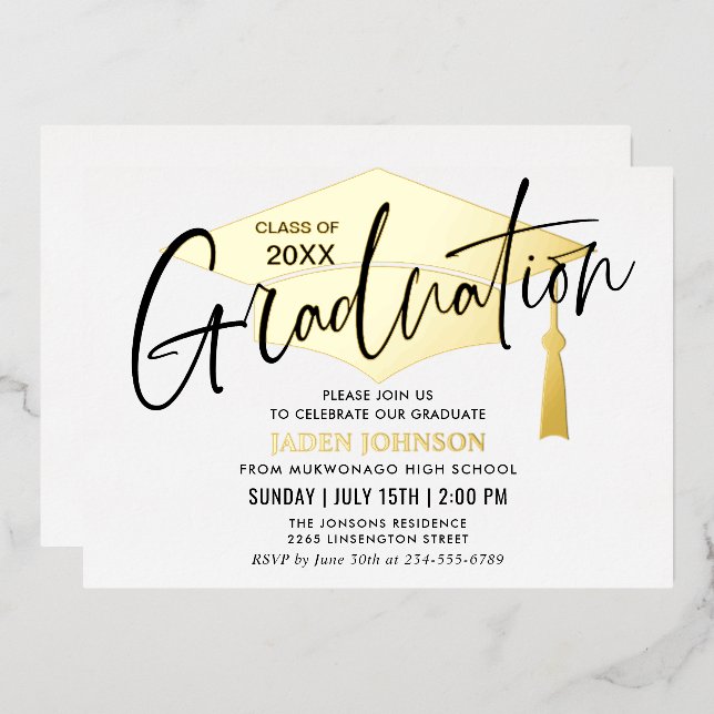 Modern Golden Black Graduation Party Photo Foil Invitation (Front/Back)