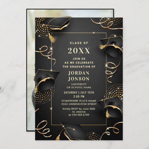 Modern Golden Black Graduation Party Photo Invitation