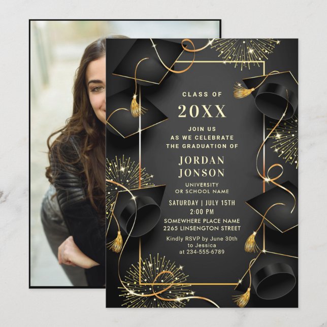 Modern Golden Black Graduation Party Photo Invitation (Front/Back)