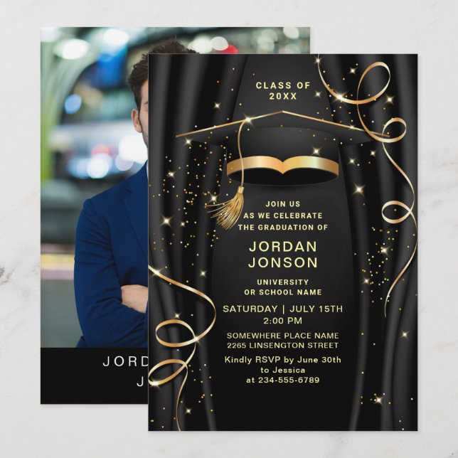 Modern Golden Black Graduation Party Photo Invitation (Front/Back)