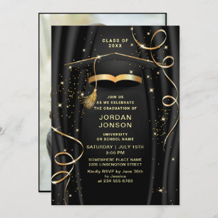 Modern Golden Black Graduation Party Photo Invitation