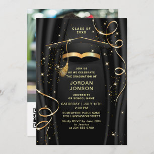Modern Golden Black Graduation Party Photo QR code Invitation