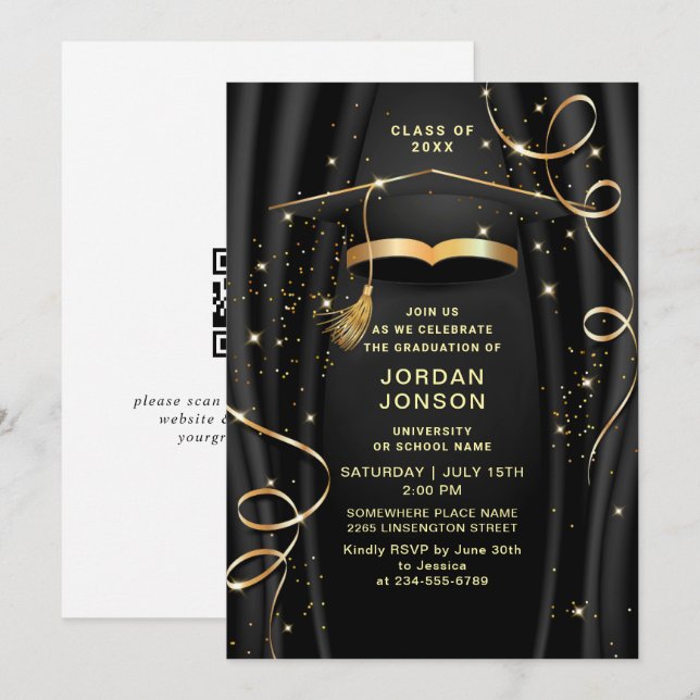 Modern Golden Black Graduation Party QR code Invitation (Front/Back)