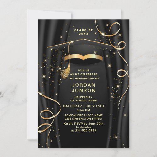 Modern Golden Black Graduation Party QR code Invitation