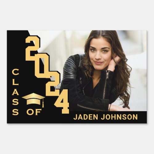 Modern Golden Black Graduation Photo Yard Sign