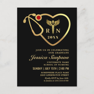 Modern Golden Black Nursing Graduation Invitation Postcard