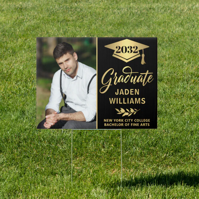 Modern Golden Black PHOTO Graduation Banner Yard Sign | Zazzle