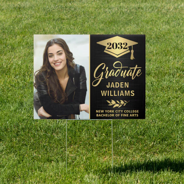 Modern Golden Black PHOTO Graduation Banner Yard Sign | Zazzle
