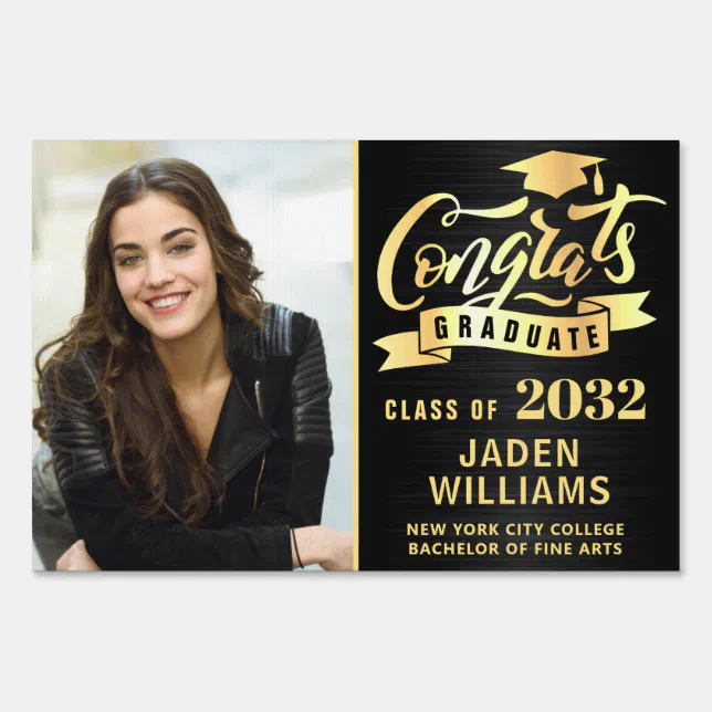Modern Golden Black PHOTO Graduation Banner Yard Sign | Zazzle