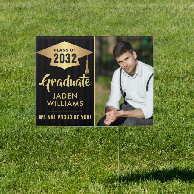 Modern Golden Black PHOTO Graduation Banner Yard Sign | Zazzle