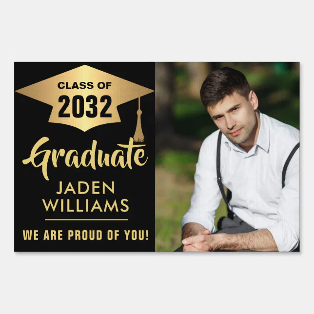Modern Golden Black PHOTO Graduation Banner Yard Sign | Zazzle